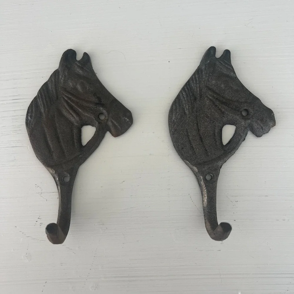 Cast Iron Set‎ of Horse Wall Hooks Western Farmhouse Rustic Equestrian Country